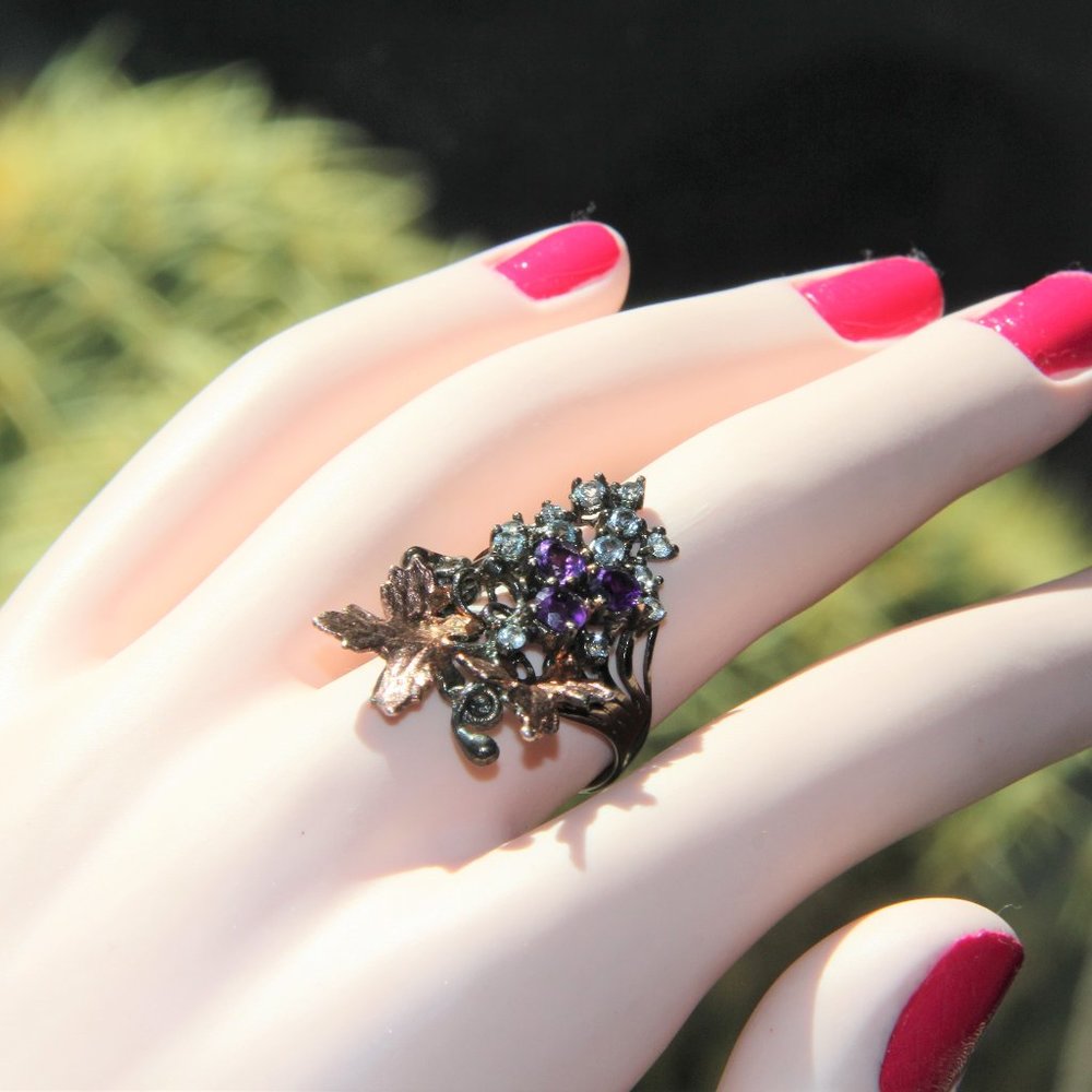 Rhodium Silver Amethyst, Topaz, Rose Gold Ring